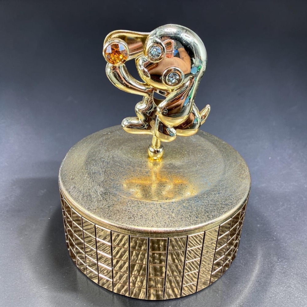 Matashi Crystals Gold Tone Puppy Dog Rotating Music Box Figurine Amber Crystals